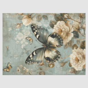 Papier Mousseline Aquarelle Shabby chic papillon marine & rose