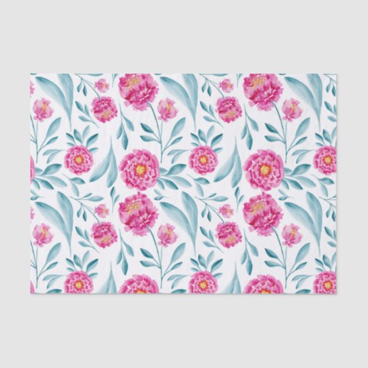 Papier Mousseline Aquarelle Turquoise rose vif Motif Floral été (Recto)