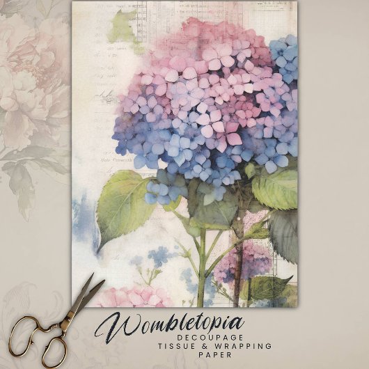 Papier Mousseline Aquarelle vintage bleu rose Hydrangea Découpage