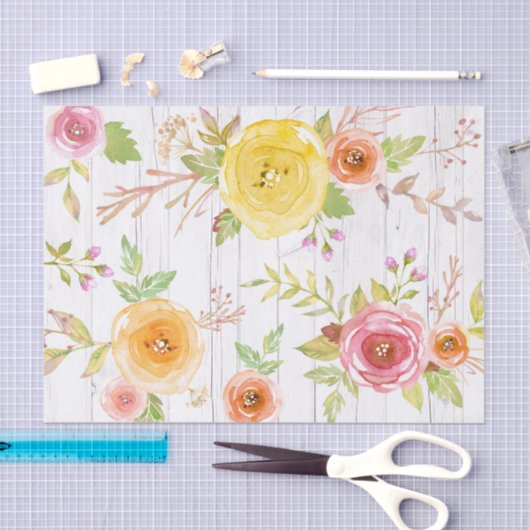 Papier Mousseline Aquarelle vintage jaune rose rose, bois (Artisanat)