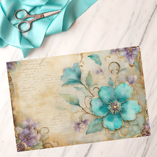 Papier Mousseline Aquarelle vintage Turquoise et Fleurs de lavande