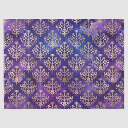 Papier Mousseline Aquarelle violet Motif avec Gold Damask (Recto)
