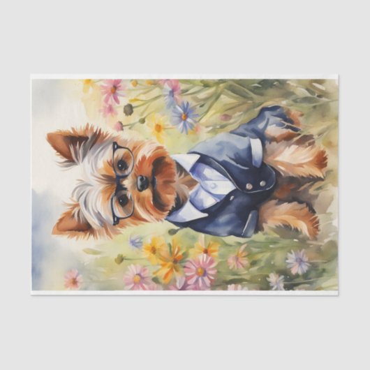 Papier Mousseline Aquarelle Yorkshire Terrier en fleurs Découpage (Recto)