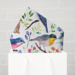 Papier Mousseline Aquarelles colorées oiseaux et fleurs motif