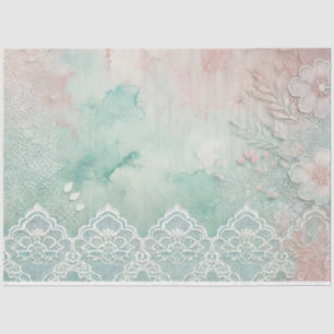 Papier Mousseline Aquarelles pêche et vert et dentelle