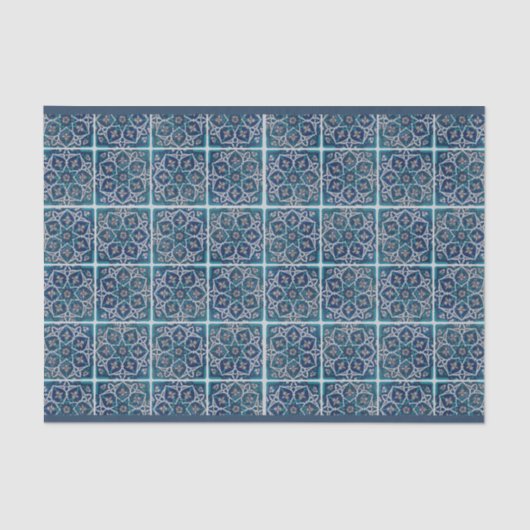 Papier Mousseline Arabesque Floral Turquoise Bleu n Carrelage blanc  (Recto)