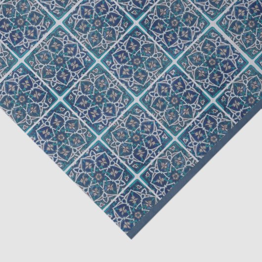 Papier Mousseline Arabesque Floral Turquoise Bleu n Carrelage blanc  (Détail)