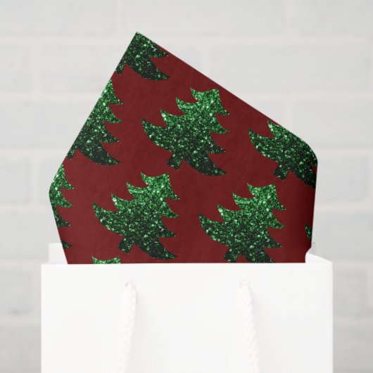 Papier Mousseline Arbre de Noël pétillant vert motif rouge foncé (Sac cadeau)