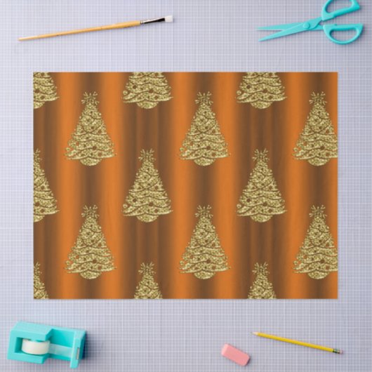 Papier Mousseline Arbres de Noël dorés sur Orange (Artisanat)