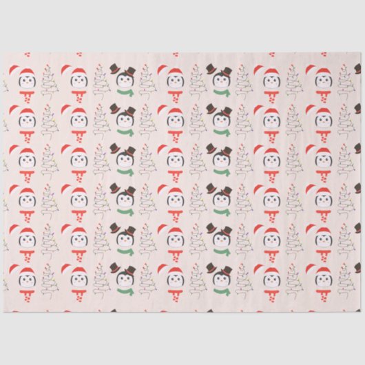 Papier Mousseline Arbres de Noël et pingouins Noël beige (Recto)