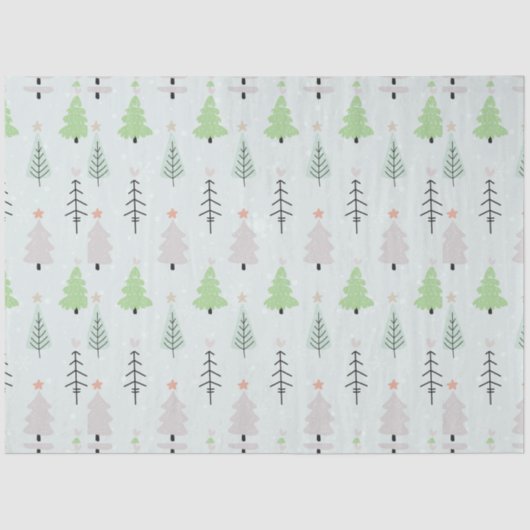 Papier Mousseline Arbres de Noël verts et gris Étoiles Noël (Recto)