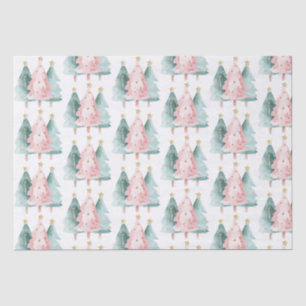 Papier Mousseline Arbres de Noël verts roses étoiles d'or