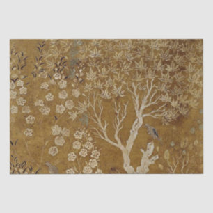 Papier Mousseline Arbres d'or et oiseaux Scène Vintage Découpage