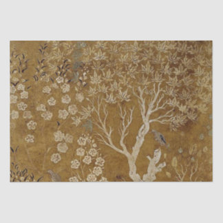 Papier Mousseline Arbres d'or et oiseaux Scène Vintage Découpage