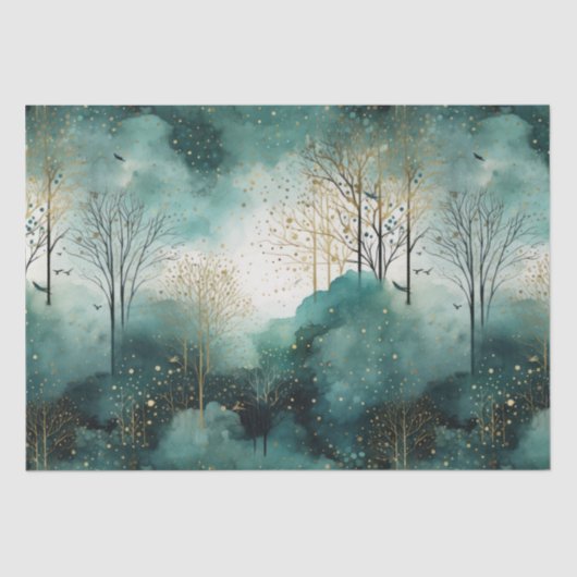 Papier Mousseline Arbres verts en or avec oiseaux Noël (Recto)