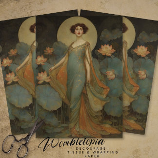 Papier Mousseline Art Nouveau Lady Portrait with Waterlilies