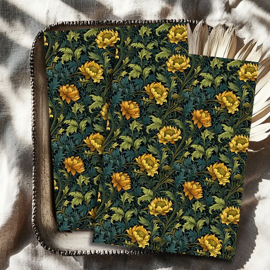 Papier Mousseline Art nouveau Morris fleurs jaunes pastel bleu sauge