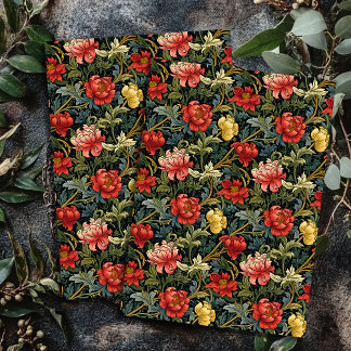 Papier Mousseline Art nouveau Morris fleurs rouges jaunes sauge bleu