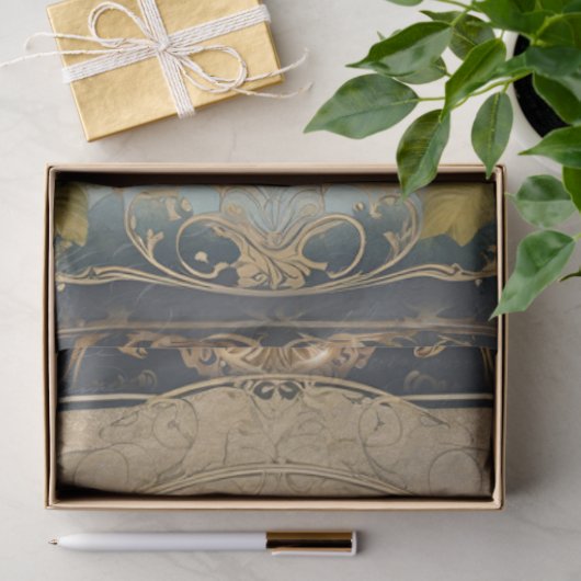 Papier Mousseline Art Nouveau Rococo Castle Navy n Gold Ephemera 5A (Cadeau)