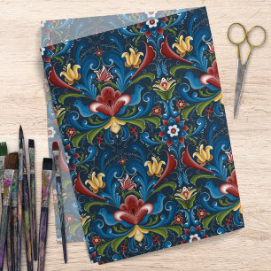 Papier Mousseline Art populaire scandinave motif floral bleu rouge