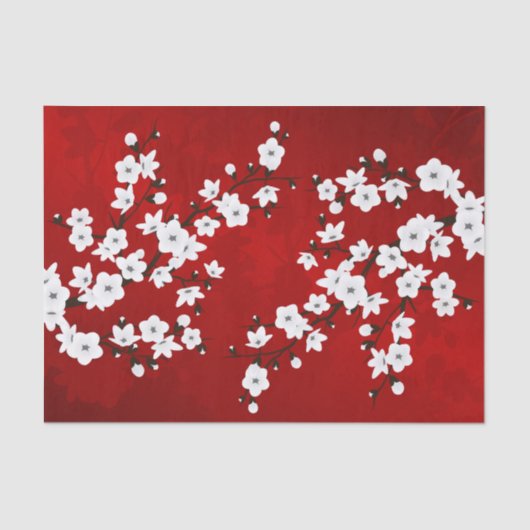 Papier Mousseline Asie Floral blanc cerisier rouge (Recto)