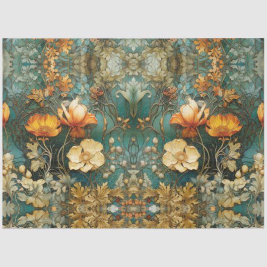 Papier Mousseline Automne Art Nouveau Floral Turquoise Ephémère Déco (Recto)