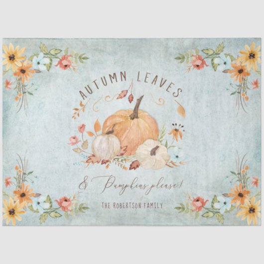 Papier Mousseline Automne Feuilles Florales Citrouille Orange Blanc  (Recto)