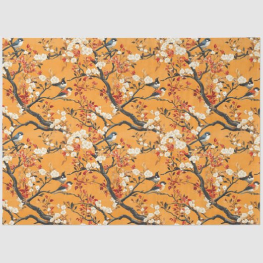 Papier Mousseline Autumn Orange Floral Birds Chinoiserie (Recto)