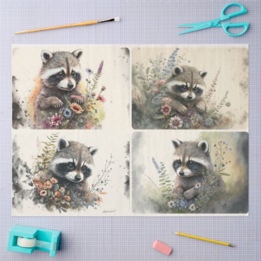 Papier Mousseline Baby Raccoons bois Tissu Papier (Artisanat)