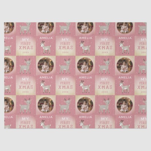 Papier Mousseline Baby's First Christmas Pink Deer Photo (Recto)