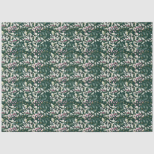 Papier Mousseline Baies de houx roses et feuillage sur fond vert fon