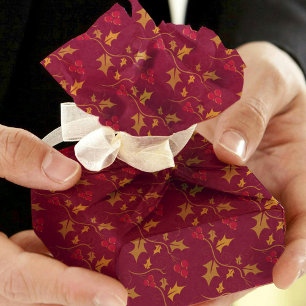 Papier Mousseline Baies rouges et saintes de Noël sur rouge profond