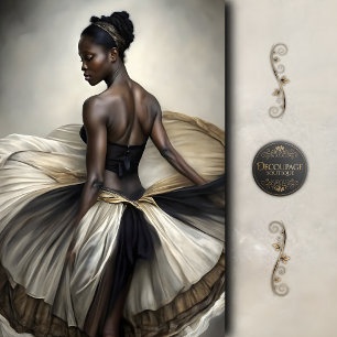 Papier Mousseline Ballerine noire et or en tulle fluide Decoupag