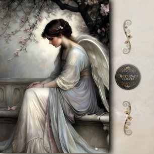 Papier Mousseline Banc en pierre ange fleur pensive découpage vintag