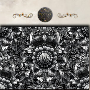 Papier Mousseline Baroque Floral Decoupage Noir Argent