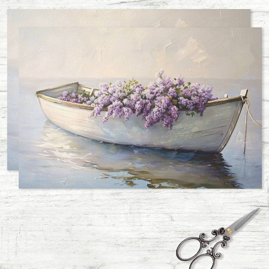 Papier Mousseline Bateau avec Lilacs violets Peinture Découpage