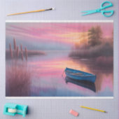 Papier Mousseline bateau bleu rustique ciel rose réflexion (Artisanat)