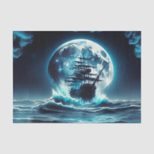 Papier Mousseline Bateau pirate sur les vagues sauvages La nuit Lune