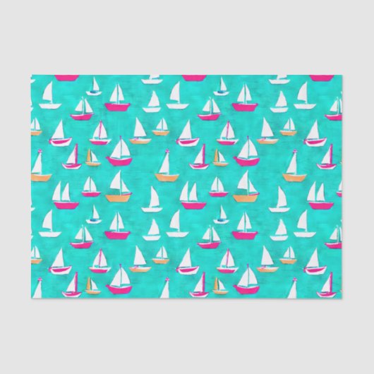 Papier Mousseline Bateaux à voile Motif Rose & Aqua (Recto)