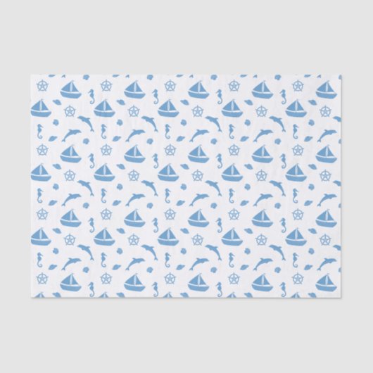Papier Mousseline Bateaux et dauphins Motif nautique Bleu blanc (Recto)