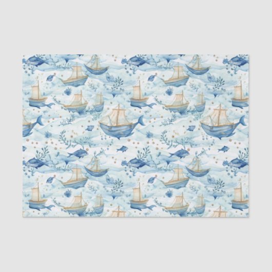 Papier Mousseline Bateaux océaniques avec découpage de baleines (Recto)