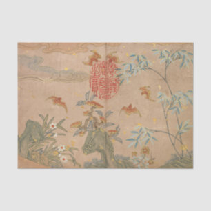 Papier Mousseline Bats Rocks Fleurs Ovale Calligraphie de Zhang Ruoa