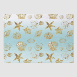 Papier Mousseline Beach Gold Sea Shells Aqua Blue Ombre