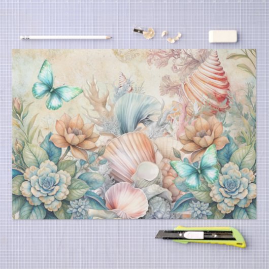Papier Mousseline Beachy Pastel Butterflies &  Seashells Decoupage  (Artisanat)