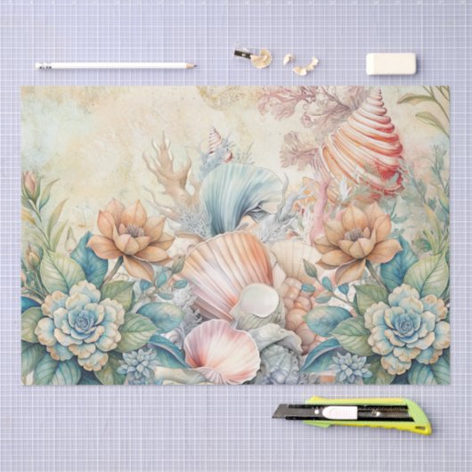 Papier Mousseline Beachy Pastel Floral Seashells Decoupage  (Artisanat)