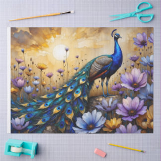 Papier Mousseline Beautiful Blue Peacock in Floral Landscape
