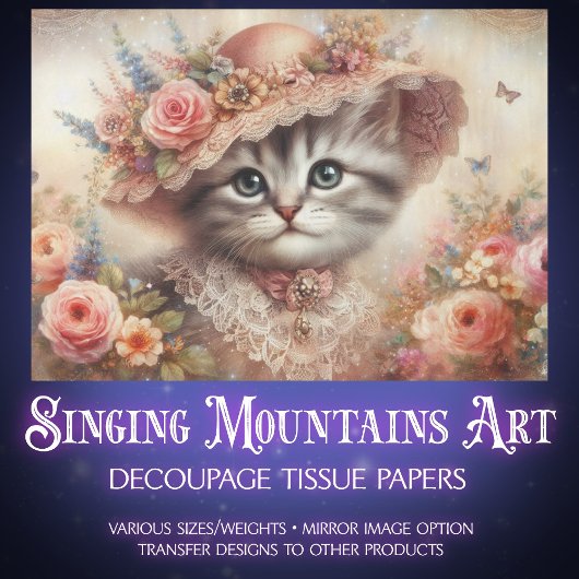 Papier Mousseline Beautiful Pink Floral Victorian Cat Decoupage