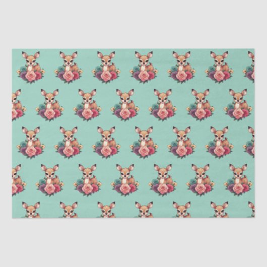 Papier Mousseline Bébé cerf avec Roses et feuillage vert (Recto)