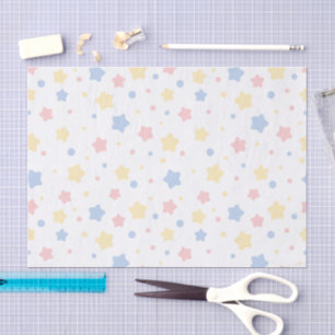 Papier Mousseline Bébé Étoiles rose, jaune et bleu sur Motif blanc