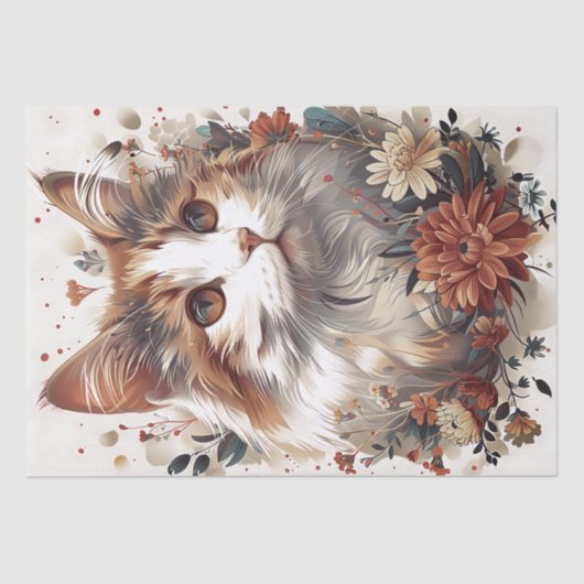 Papier Mousseline Belle Chat avec Fleurs (Recto)